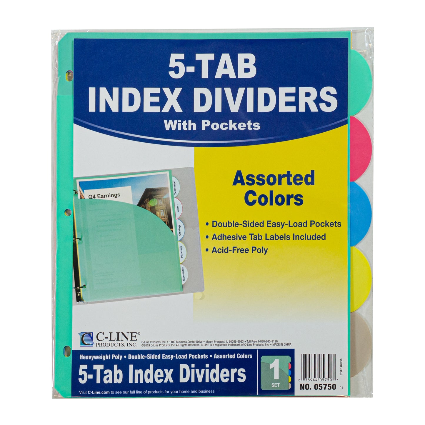 5-Tab Poly Binder Index Dividers with Slant Pockets, Assorted, 5/ST (Set of 12 ST)