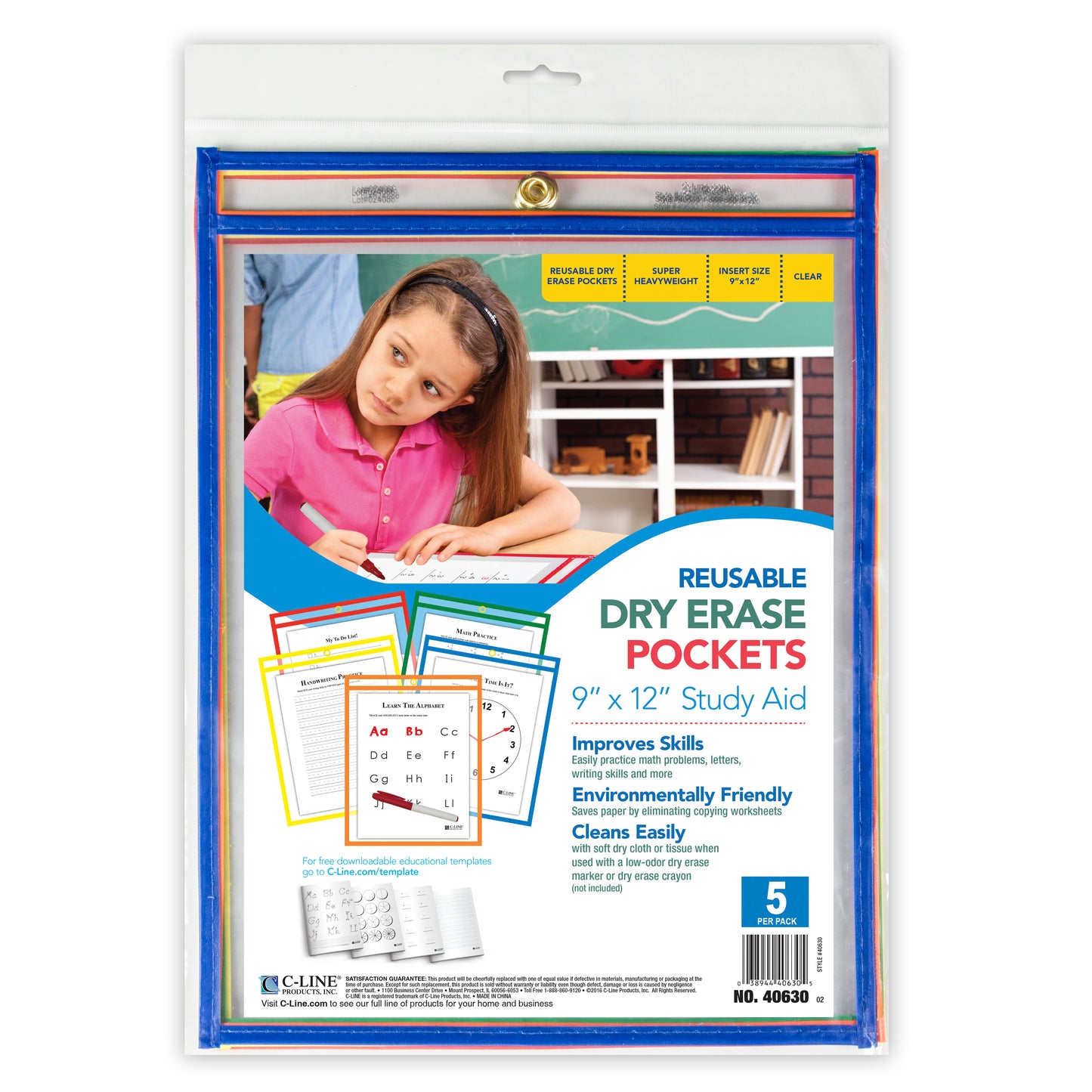 Reusable Dry Erase Pockets, Assorted Primary Colors, 9 x 12, 5/PK, 40630