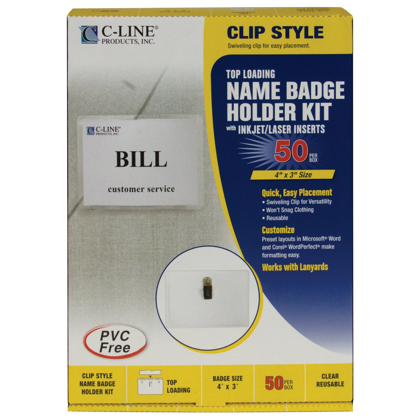 Clip Style Badge Holders, Sealed with inserts, 4 x 3, 50/BX, 95543