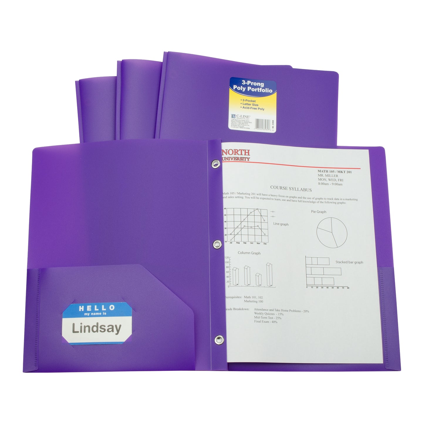 Two-Pocket Heavyweight Poly Portfolio Folder with Prongs, Purple (Set of 25 Folders)