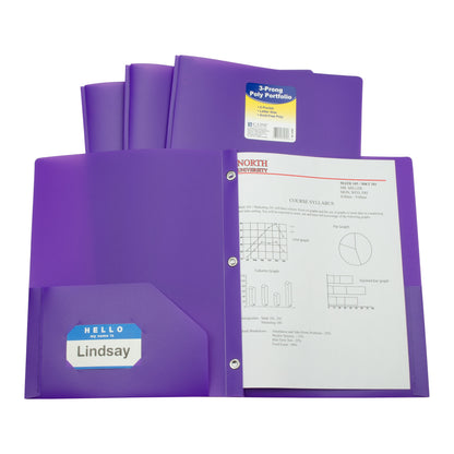 Two-Pocket Heavyweight Poly Portfolio Folder with Prongs, Purple (Set of 25 Folders)